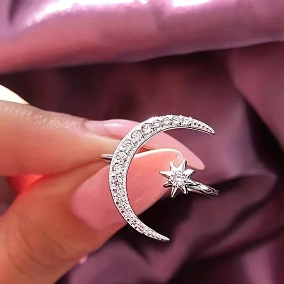 Adjustable Size Cuff Ring Crescent Moon And Star Design Shape Inlaid Rhinestones - Picture 6 of 8